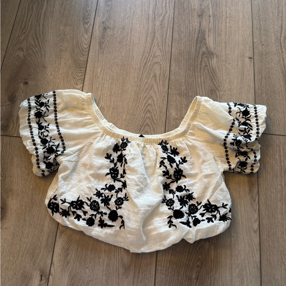 American Eagle Outfitters White Blouse with Black Embroidery